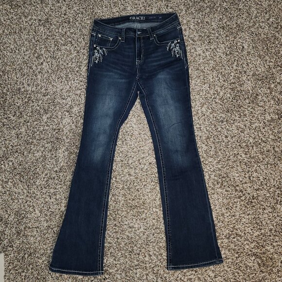 Grace in LA Women’s Easy Fit Mid-Rise Bootcut Jeans Feather Embroidery Bling Siz - Picture 1 of 14